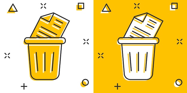 Trash bin with document icon in comic style Paper recycle cartoon vector illustration on white isolated background Office garbage splash effect business concept