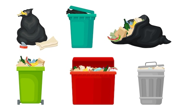 Vector trash bins and sacks full with refuse and garbage vector set