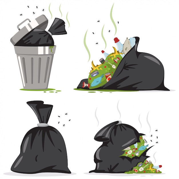 Вектор Мусорный бак и черная сумка с пластиковыми и пищевыми отходами. мусор векторный мультфильм набор изолированных.