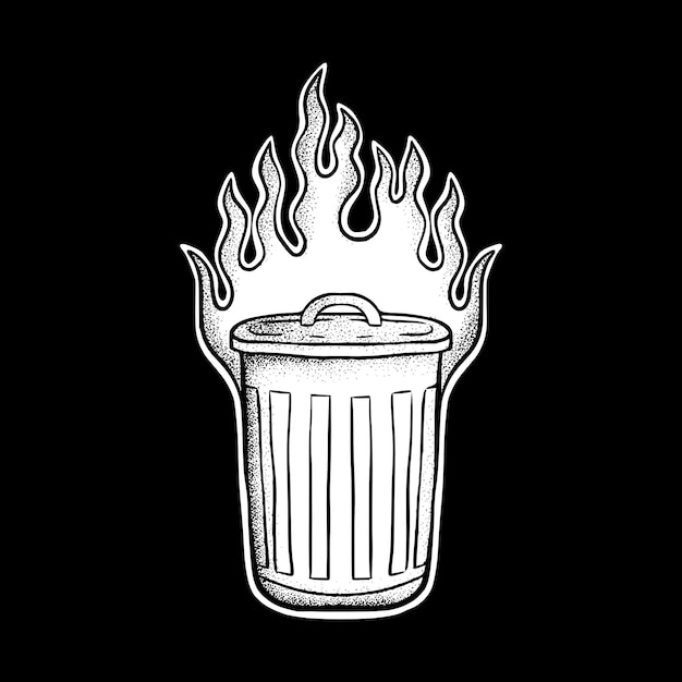 Trash can flaming art Illustration hand drawn black and white vector for tattoo, sticker, logo etc