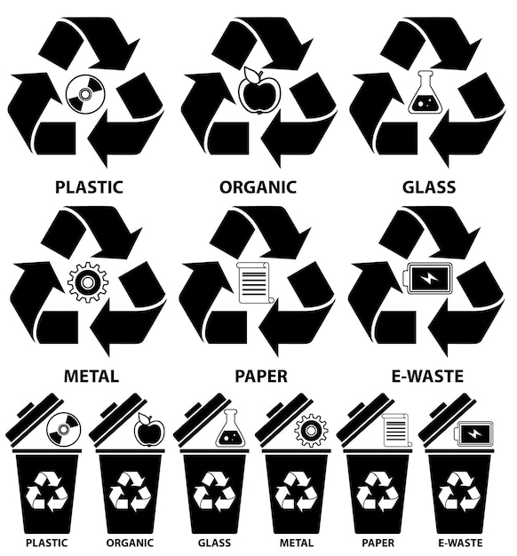 Vector trash can icons with different colors types of garbage organic plastic metal paper glass ewaste