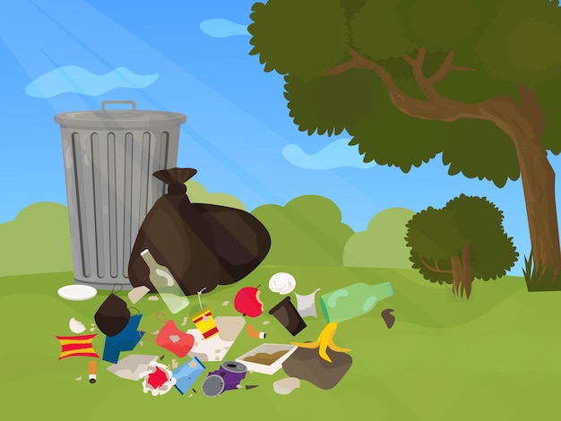 Vector trash can and lying garbage in the park nature pollution waste dump