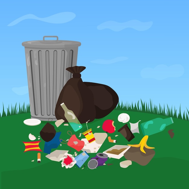 Vector trash can and lying garbage in the park nature pollution waste dump