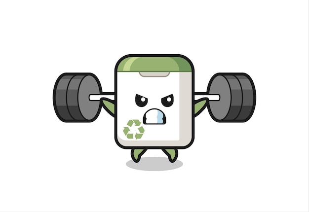 Trash can mascot cartoon with a barbell , cute style design for t shirt, sticker, logo element