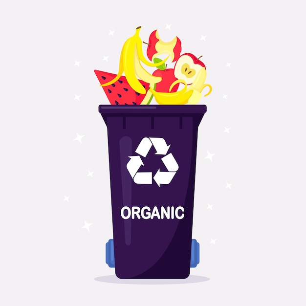 Trash can with organic waste suitable for recycling. Segregate waste, sorting garbage, waste management. Food waste in organic bin