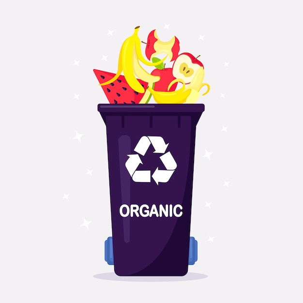 Trash can with organic waste suitable for recycling. segregate waste, sorting garbage, waste management. food waste in organic bin