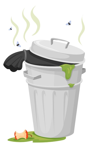 Vector trash can with stinky garbage waste bin icon isolated on white background