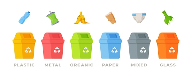 trash cans with sorted trash   icons. Recycling garbage separation collection