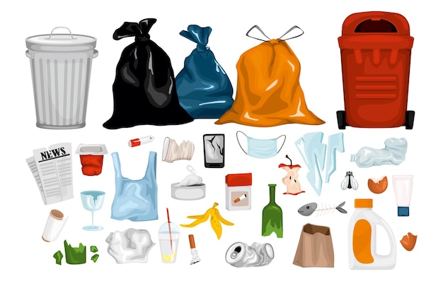 Vettore set di rifiuti spazzatura con icone isolate di oggetti spazzatura con vetro di plastica di carta e illustrazione vettoriale di rifiuti organici