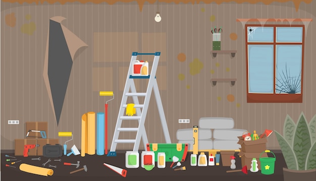 Vector trash living room before repair. flat dirty interior in cartoon style.