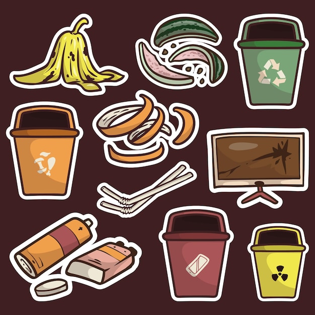 Trash and Waste Cute Sticker Set Illustration