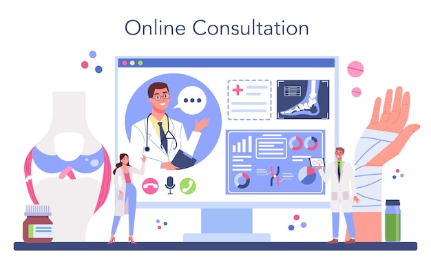 Traumatologist 온라인 서비스 또는 플랫폼 부상당한 팔다리 부러진 뼈 또는 염좌 속박 및 캐스트 응용 프로그램 긴급 지원 온라인 상담 벡터 일러스트 레이션
