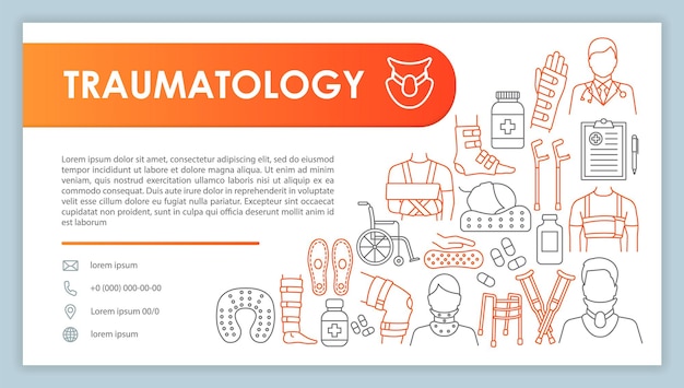 Traumatology web banner, business card vector template. Rheumatology clinic contact page with phone, email linear icons. Injury treatment presentation, web page idea. Corporate print design layout