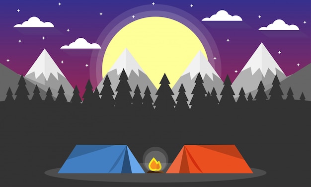 Vector travel adventure camping evening scene