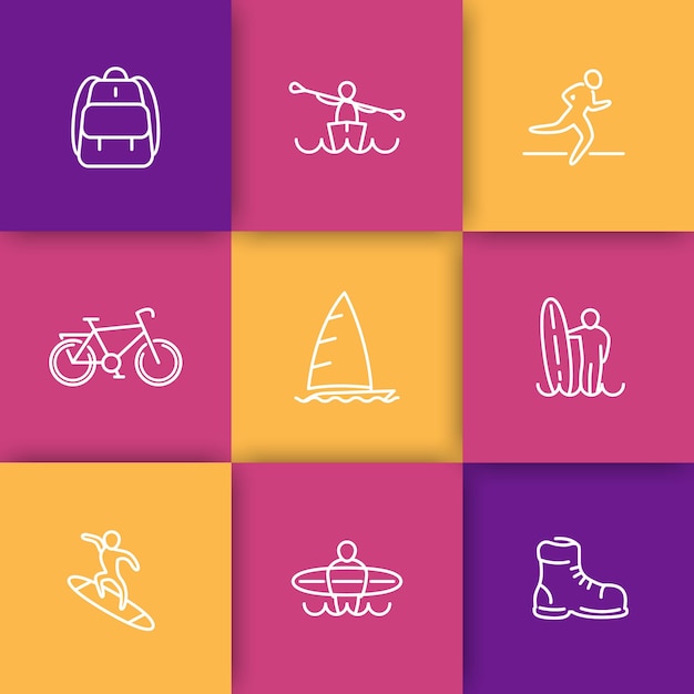 Travel adventure surfing linear icons pack vector illustration