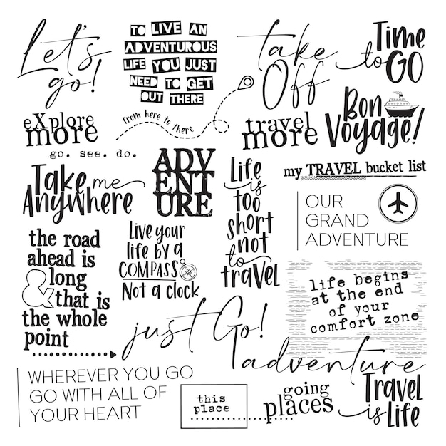 Vector travel and adventure word art set