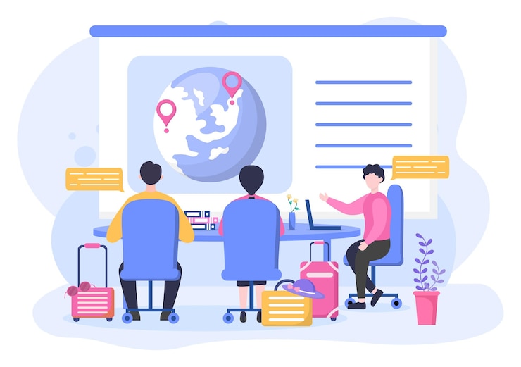 Vector travel agency background vector illustration. people visit the landmarks of these world famous tourist attractions using plane, car or boat transportation