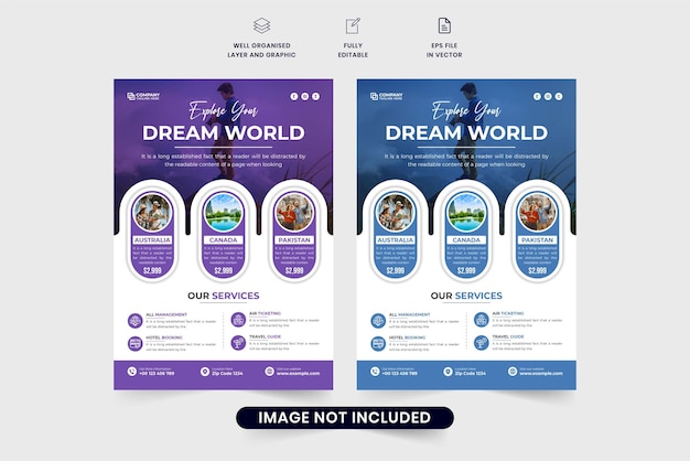 Дизайн шаблона флаера туристического агентства с фиолетовым и синим цветами