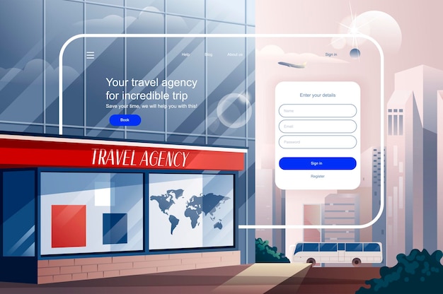 놀라운 여행 방문 페이지 템플릿 벡터 일러스트 레이 션을위한 여행사