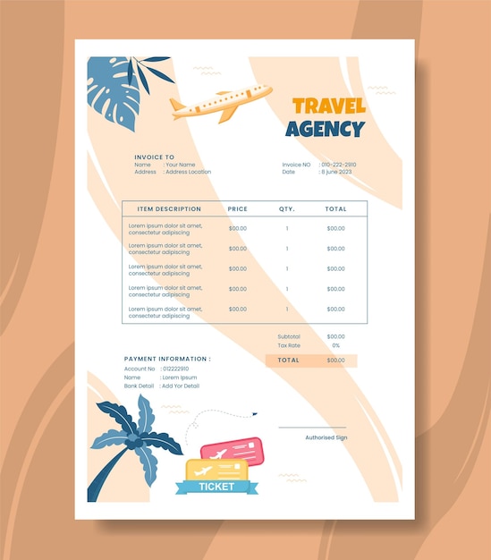 Travel agency invoice template flat cartoon background vector illustration