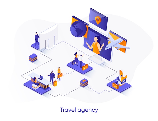 Travel agency isometric   illustration with people characters