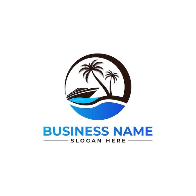 travel agency logo with ship sea and plam tree, resort, beach, tourist, hotel