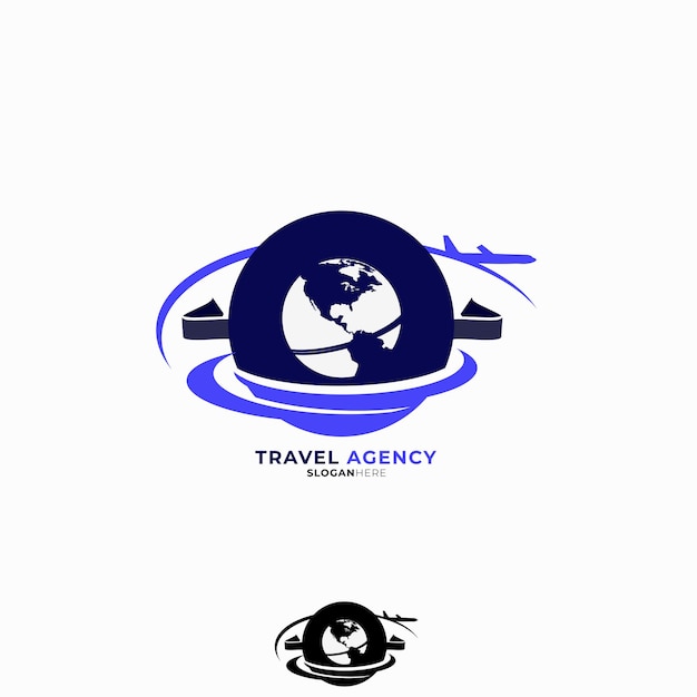 Vector travel agency logos dark blue and light blue colors vector travel logo plane symbol circling the