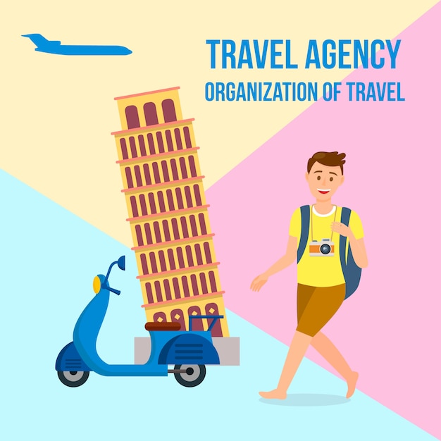 Travel agency square banner with text, lettering.