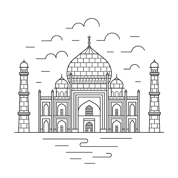 Значок путешествия Агра ориентир. Тадж-Махал является одной из знаменитых архитектурных туристических достопримечательностей столицы Индии. Тонкая линия каменный храм Иллюстрация.