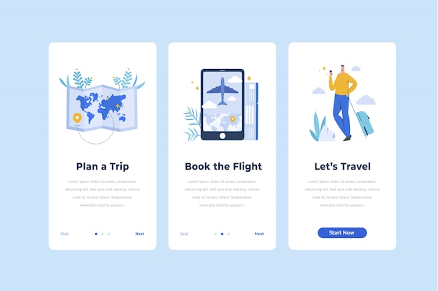 Vector travel app onboarding screen template