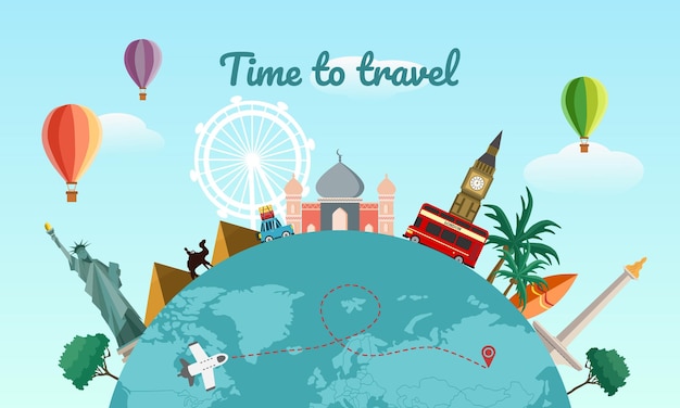 Travel around the world concept with famous world landmarks Vector illustration