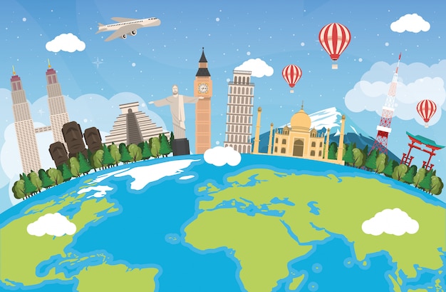 Vector travel around the world design with earth planet