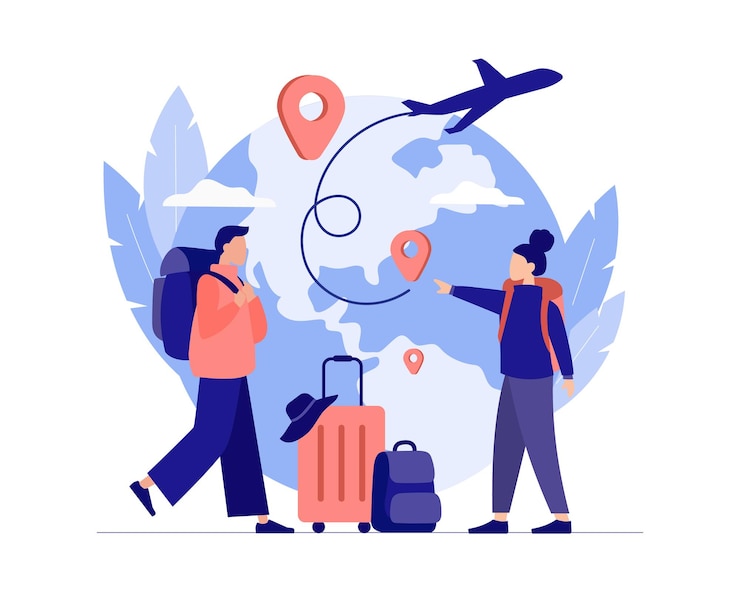 Vector travel around world online journey couple is planning their trip choosing best route travel agency tour abroad color vector illustration in flat style
