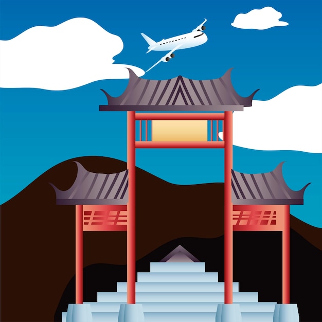 Travel asian country plane gates landmark, vacations tourism  illustration