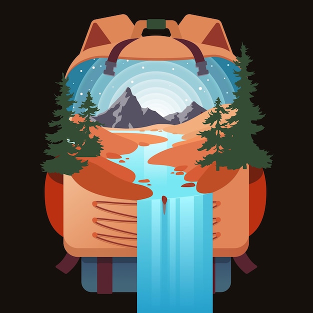 Travel backpack illustration with nature inside. beautiful\
landscape of mountains, rivers with a wat