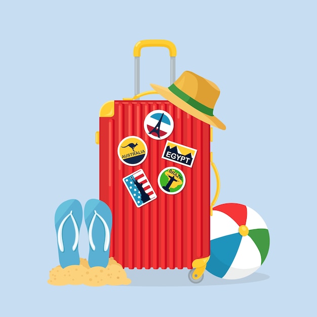 Travel bag, luggage isolated. suitcase with stickers, straw hat, beach ball, sandals, shoes. summer time, vacation, tourism concept