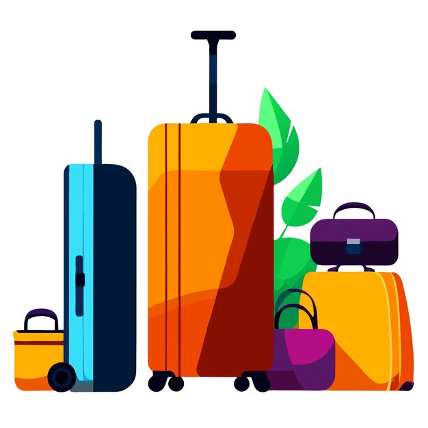 Vector travel baggage cartoon colored design concept with opened trip bag full of clothe items and beach