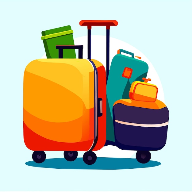 Travel baggage cartoon colored design concept with opened trip bag full of clothe items and beach