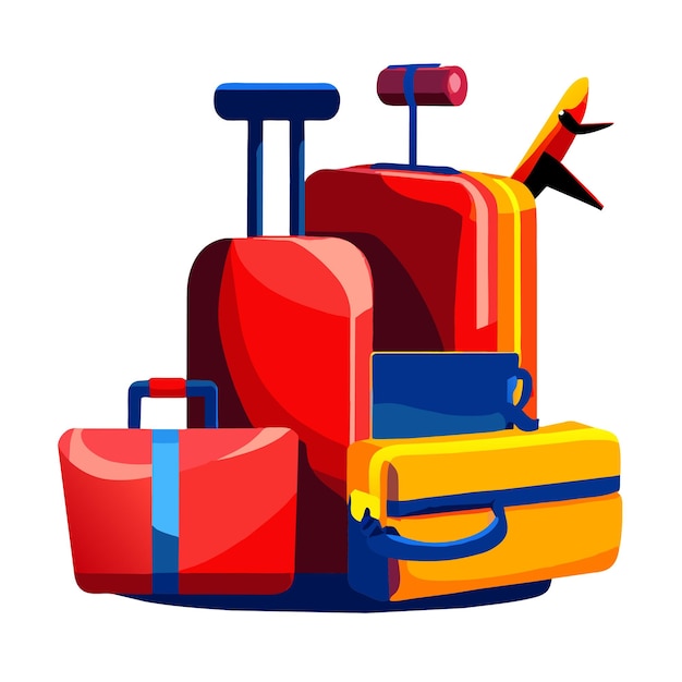 Vector travel baggage cartoon colored design concept with opened trip bag full of clothe items and beach