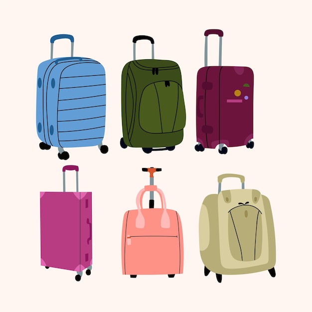 旅行バッグ ベクトルを設定します。孤立したプラスチックと布製のスーツケースは落書きスタイルです。観光用イラスト