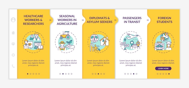 Travel ban exemption categories onboarding  template. seasonal workers in agriculture. diplomats. responsive mobile website with icons. webpage walkthrough step screens. rgb color concept