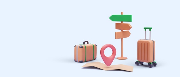 Travel banner in 3d style with suitcase valise pointer map Vector illustration