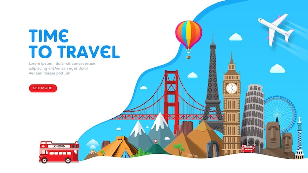 Vector travel banner design with famous landmarks for popular travel blog