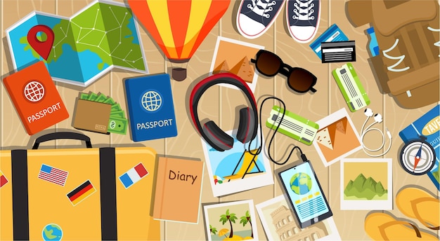 Vector travel banner including passport bag headphone phone diary and items