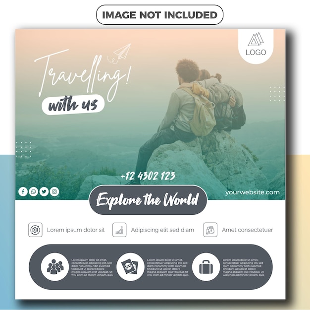travel banner square social media post, join us, explore, traveling, packages, tourism, holiday
