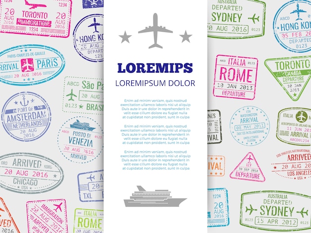 Vector travel banner with grunge passport stamps background