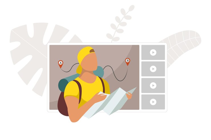 Vector travel blog channel. tourist man vlogger holding map and looking route on online video player interface. male backpacker influencer searching right direction. traveler vlog stream vector illustration