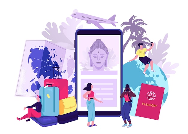Вектор Концептуальная векторная иллюстрация блога о путешествиях путешествующие символы с моделью самолета смартфон билет на самолет паспорт и глобус