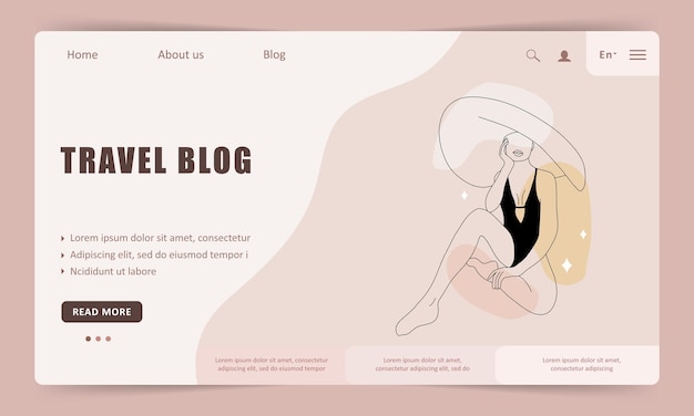 Vector travel blog landing page template abstract linear woman in hat