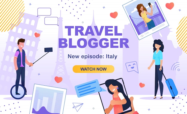 Вектор Учетная запись рекламного видеоканала travel blogger